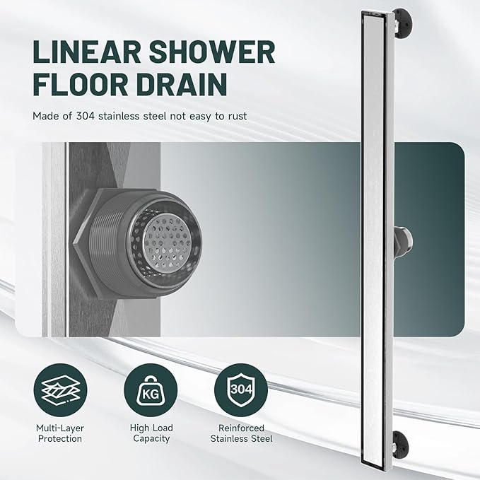 36-Inch Linear Shower Floor Drain, Stainless Steel Bathroom Floor Drains, Rectangular Shower Trench Floor Drain, Hair Strainer, Brushed Nickel