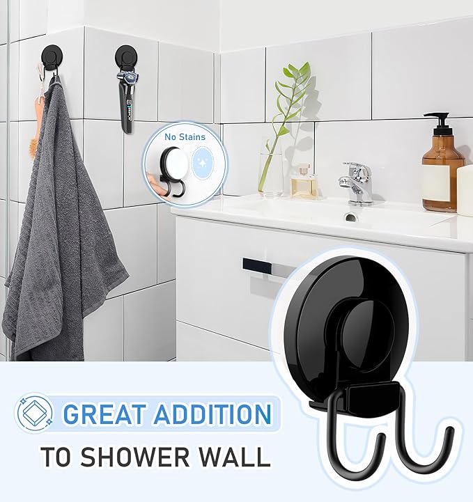 VIS'V Shower Suction Cup Hooks, Heavy Duty, Removable and Reusable, Double Hooks, Black, 2 Pcs