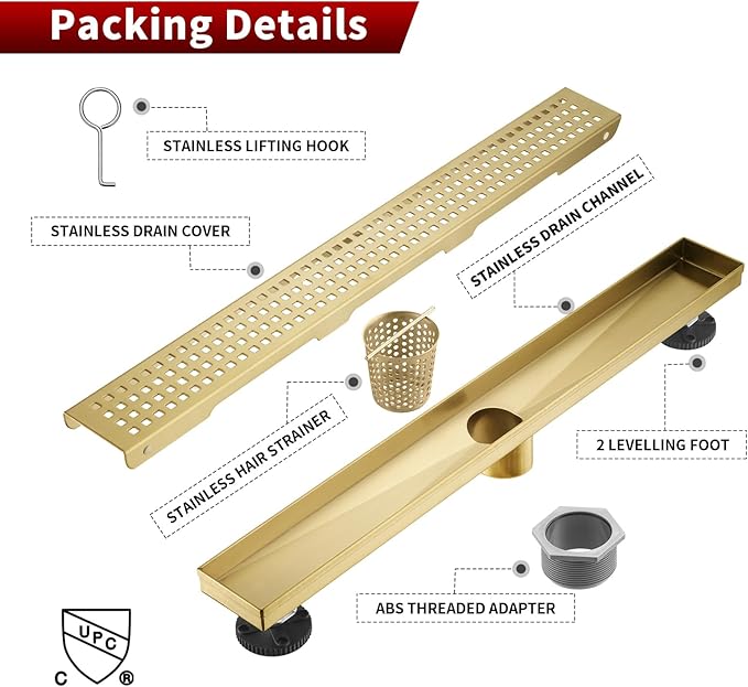 Sharp-tec 24 inch Linear Shower Drain, Gold Rectangular Floor Drain, V-Shape Design Drain Channel, 304 Stainless Steel, cUPC Certificated for Bathroom Shower (Drain Base is Not Included)