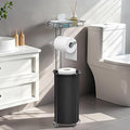Lewondr Free Standing Toilet Paper Holder, Toilet Paper Holder with Shelf, Bathroom Tissue Roll Storage Rack with Storage Bag for 3 Rolls of Tissue, Black