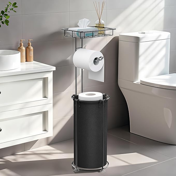Lewondr Free Standing Toilet Paper Holder, Toilet Paper Holder with Shelf, Bathroom Tissue Roll Storage Rack with Storage Bag for 3 Rolls of Tissue, Black