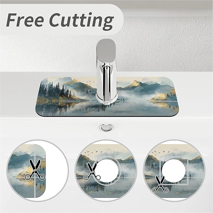 Kitchen Sink Splash Guard，Misty mountains,lake Faucet Mat Sink Gadgets-Super Absorbent Fast Drying Mat Drip Catcher for Kitchen, Bathroom,Sink Mat, Dish Drying Mat, Bathroom(15" X 5.5" )