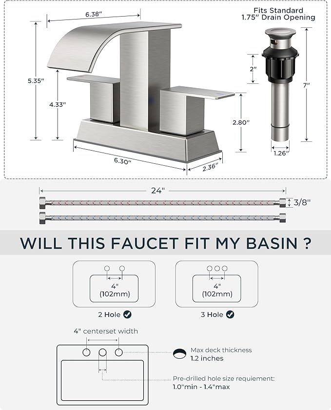 FORIOUS 4 Inch Centerset Brushed Nickel Bathroom Faucet, 2 or 3 Hole Waterfall Square Bathroom Sink Faucet with Metal Pop-up Drain and Supply Lines, Two Handles for Vanity, Lavatory Room, Pedestal