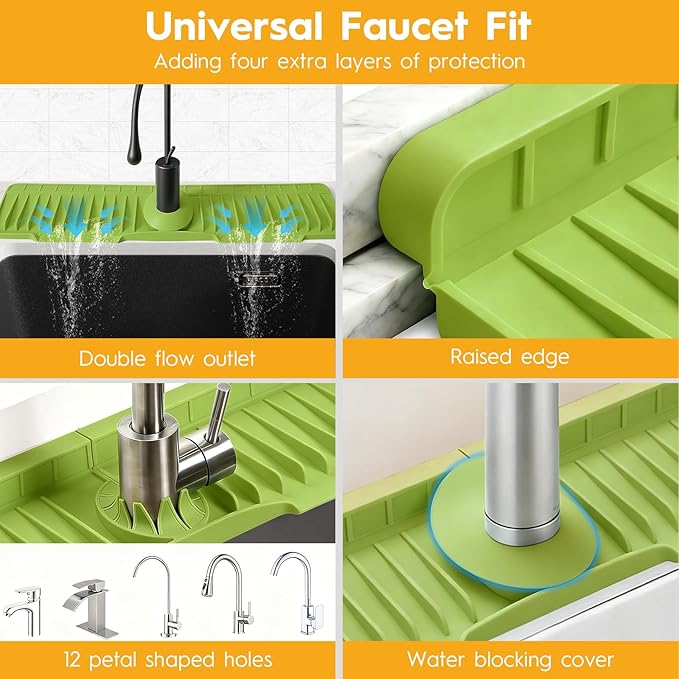16" Silicone Faucet Mat for Kitchen Sink Released in 2026,8° Slope Fast Self-draining-Kitchen Sink Splash Guard,Bathroom Kitchen Sink Area Water Splash Guard Behind Faucet Draining Mat(Green)