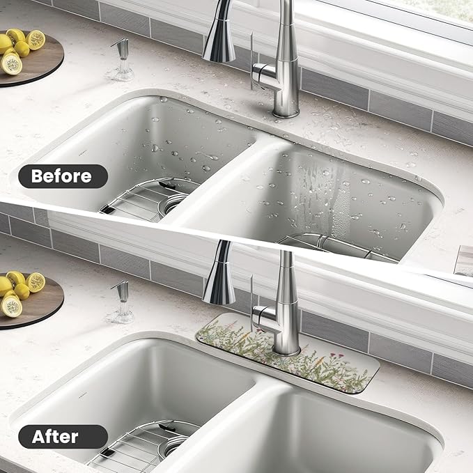 Vintage Color Plants Herbs Floral Kitchen Sink Splash Guard Faucet Mat 1 Pcs, Absorbent Fast Drying Mat Gadgets Splash Guard For Bathroom 15 X 5.5 Inches