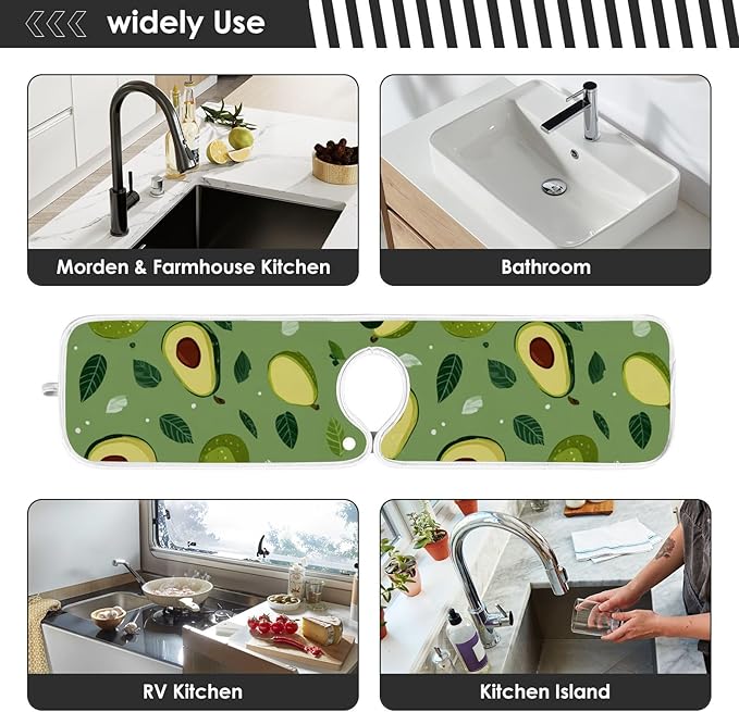 2 PCS Kitchen Sink Splash Guard 30 Inch Faucet Mat for Kitchen Sink Bathroom Sink Faucet Absorbing Drip Drain Mat Pad Microfiber Soft Washable Green Avocado Tomato Leaves