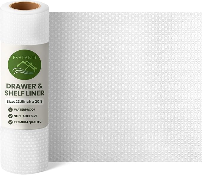 EVALAND Shelf Liners for Kitchen Cabinets Non-Adhesive 23.6" x 20 FT Clear Drawer Liner Non Slip, Washable Cabinet Liner, Waterproof Shelf Liners for Cabinets, Refrigerator Bathroom Pantry Cabinet Mat