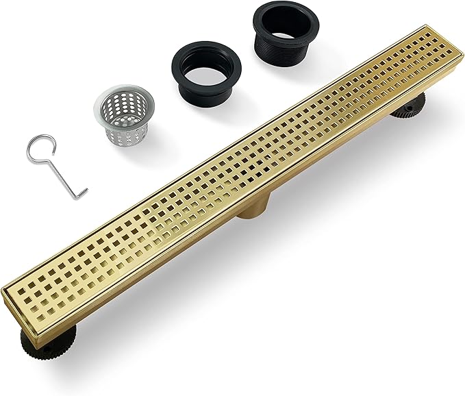24 Inch Gold Rectangular Shower Drain with Removable Quadrato Pattern Cover Grate Accessories and SUS304 Stainless Steel CUPC Certificate