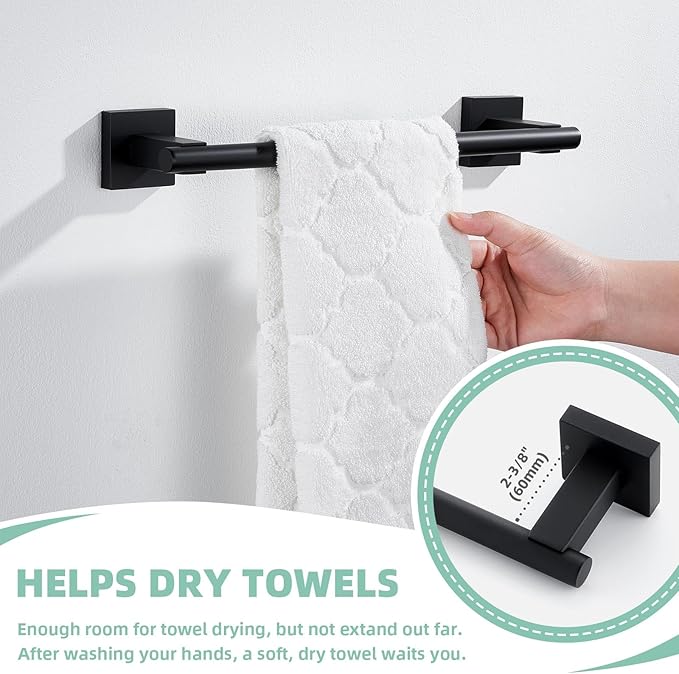 Suyar Bathroom Accessories Set, SUS 304 Stainless Steel Bathroom Hardware Set 4 PCS, Include Robe Hook, Toilet Paper Holder, Hand Towel Holder, Towel Bar, Matte Black