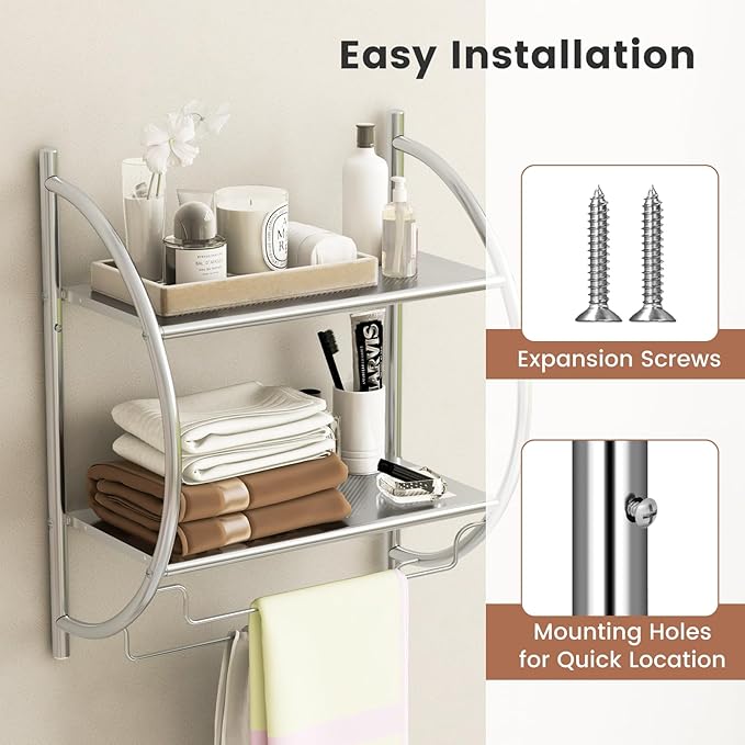GOFLAME Wall Mounted Bathroom Shelf Set of 2, 2-Tier Chrome Towel Rack with Leaky Design Shelves, Towel Bars, Chrome Bathroom Shelf for Living Room Kitchen Bathroom, Silver