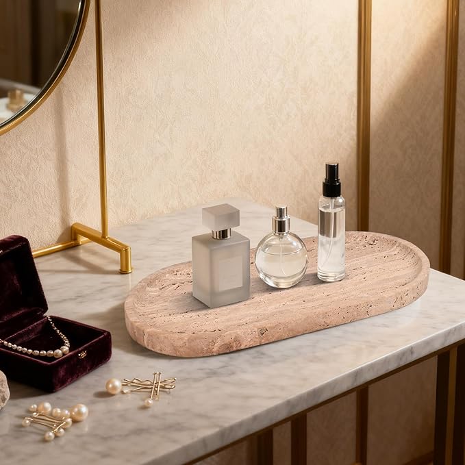 YKAJO Romania Unique Marble Tray Bathroom Vanity Tray Pure Natural Stone Perfume Tray for Jewelry, Cosmetics, Candles, Home Decorative, 11.6” L x 5.9” W x 0.6” H (Yellow Limestone)