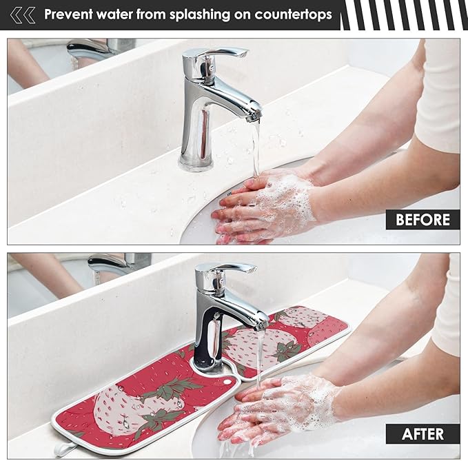 Sink Faucet Absorbing Mat Kitchen Sink Splash Guard Splash Faucet Drip Catcher for Bar RV Bathroom 2PCS 14.9x5.5in Pink White Strawberries Flowers