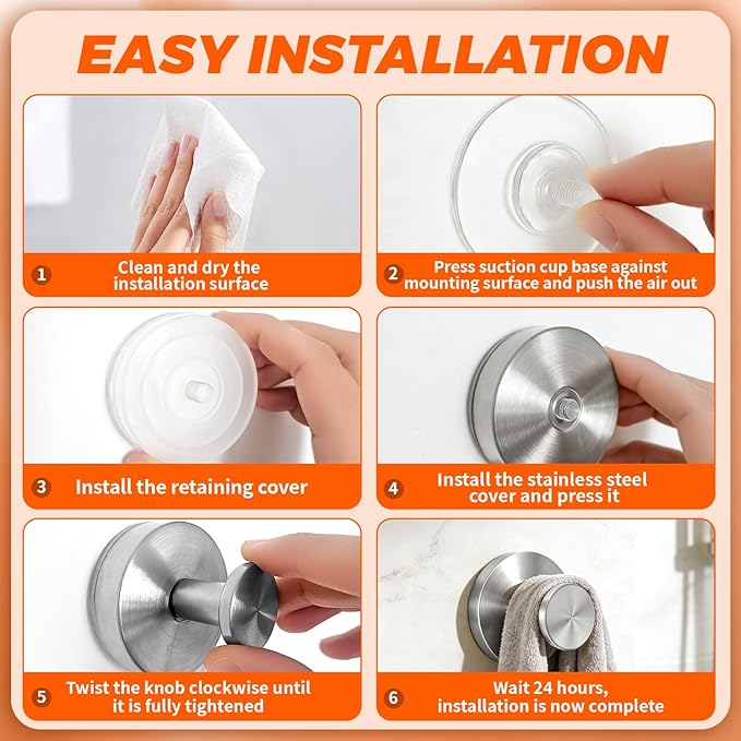 2026 Upgraded Drill-Free Suction Cup Hooks, Stainless Steel Suction Cup Hooks for Shower, Mirror, Wall, Bathroom, Glass, Hanging Towels - 6 Pack