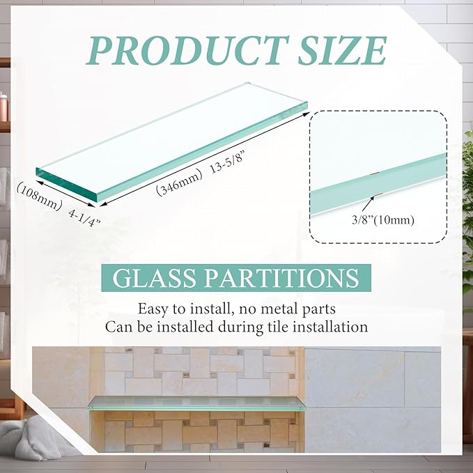 1 Pcs 13-5/8" x 4-1/4" x 3/8'' Glass Shelf for Shower Niche, Tempered Glass Shelf Floating Shelves for Bathroom Essentials DIY Storage Decoration, Easy Install Support Plate