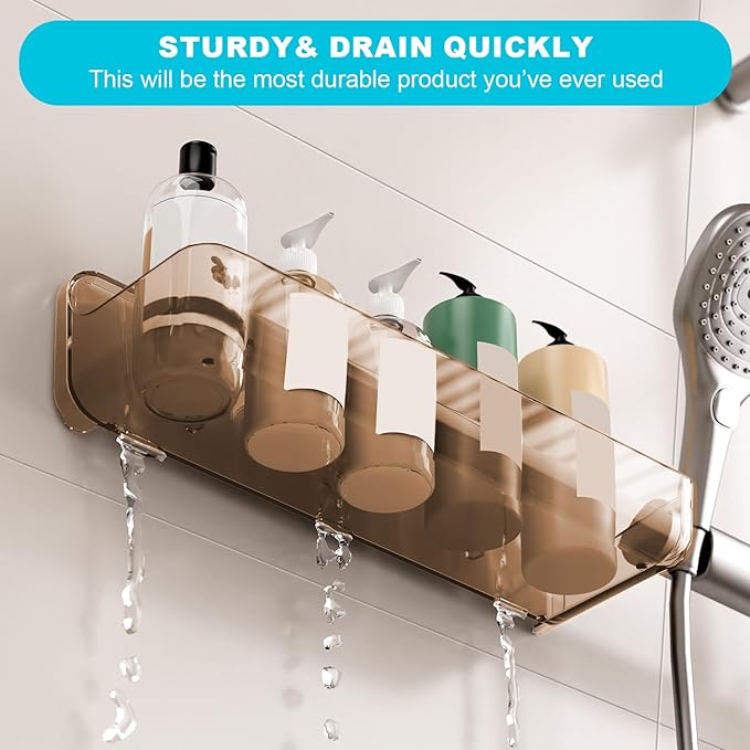 CGBE 2-Pack Acrylic Shower Shelves, Large Capacity Adhesive Shower Shelf, No Drilling Adhesive Bathroom Shelf with Drain Holes,Clear Wall Mount Organizer for Bathroom Storage (Amber)