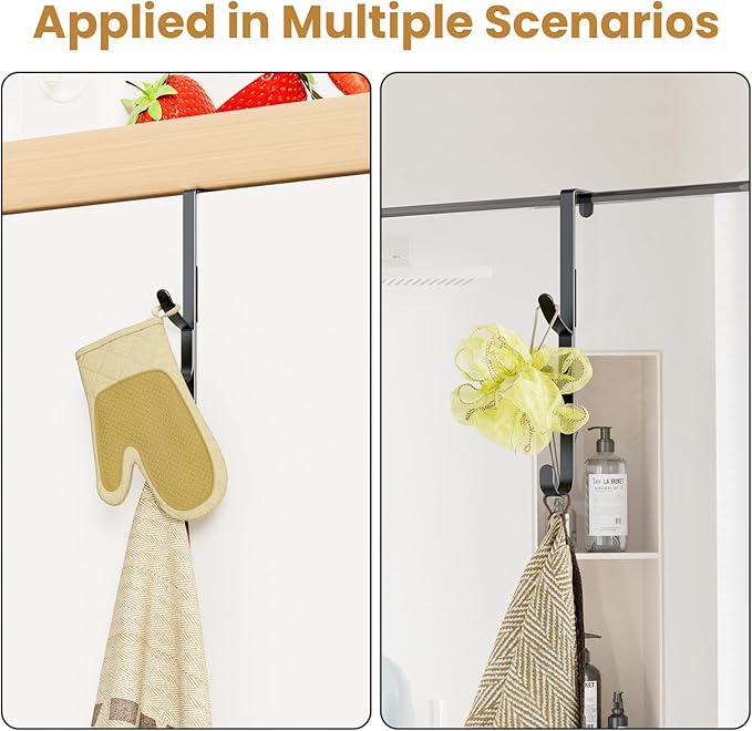 Over The Door Hooks Hanger,Over The Door Towel Hook Organizer Hanging for Coat Clothes Backpack hat Purse Metal Towel Rack Back of Shower for Bathroom,Dorm,Bedroom,Kitchen,Office Closet Black-4Packs