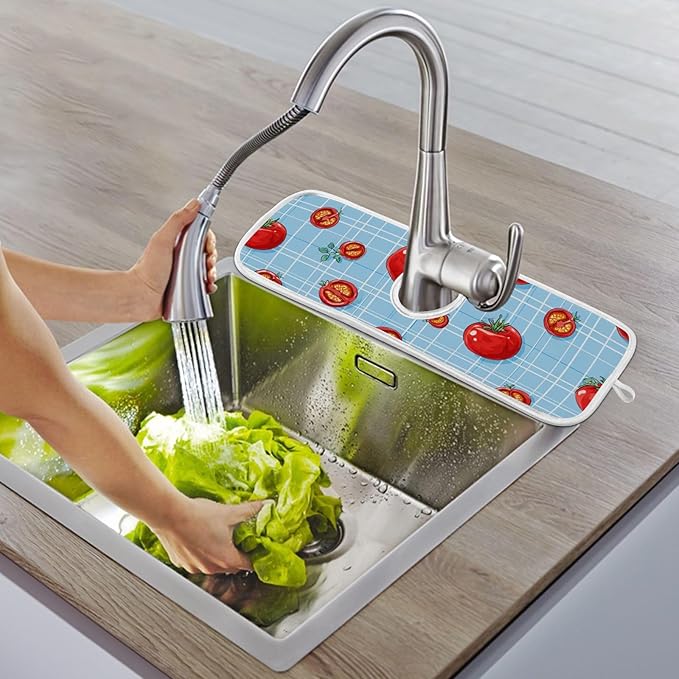 Sink Faucet Absorbing Mat Kitchen Sink Splash Guard Splash Faucet Drip Catcher for Bar RV Bathroom 2PCS 30x5.5in Green Grid Cute Tomato
