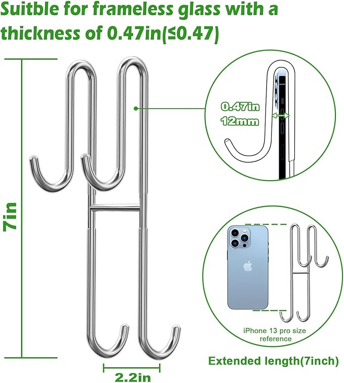 Cerbonny Shower Door Hooks, 2 Pack Extended Double Towel Hooks for Bathroom Frameless Glass Shower Door, Heavy Duty Stainless Steel Bathroom Hanger Without Perforation