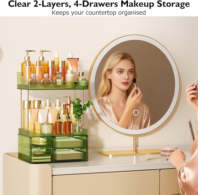 4 Drawers Makeup Organizer - 4 Tier Makeup Storage, Cosmetics Organiser, Ideal for Cosmetic, with Drawers for Countertop, Bathroom,Dresser Transparent Green for Both Outdoor and Indoor Use, Clear