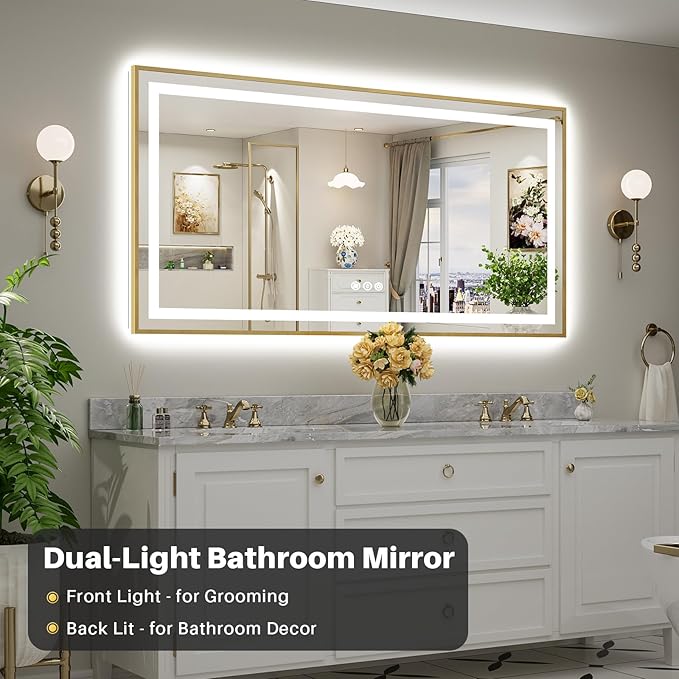 72x36 Inch LED Bathroom Mirror with Gold Frame, Backlit & Front Lit, Anti-Fog Lighted Bathroom Vanity Mirror for Wall, Memory Function, Dimmable, HD Tempered Glass, Shatter-Proof