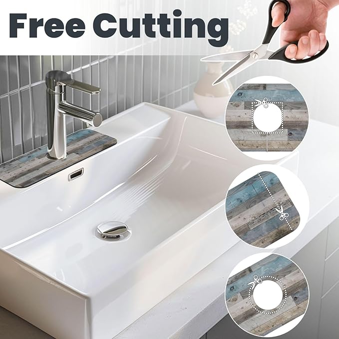 Vintage Rustic Farmhouse Blue Wood Kitchen Sink Splash Guard Faucet Mat 1 Pcs, Absorbent Fast Drying Mat Gadgets Splash Guard For Bathroom 15 X 5.5 Inches