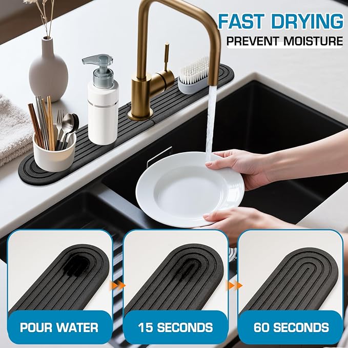 Diatomite Stone Faucet Mat For Kitchen Sink-Absorbent Fast Drying Stone Sink Tray,Faucet Splash Guard Counter,Quick Dry Sink Mat Around Faucet For Kitchen & Bathroom (Dark Gray-Oval,23.6" x 4")