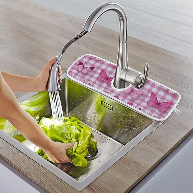 Sink Faucet Absorbing Mat Kitchen Sink Splash Guard Splash Faucet Drip Catcher for Bar RV Bathroom 2PCS 30x5.5in Checkered Pink and White Butterflies