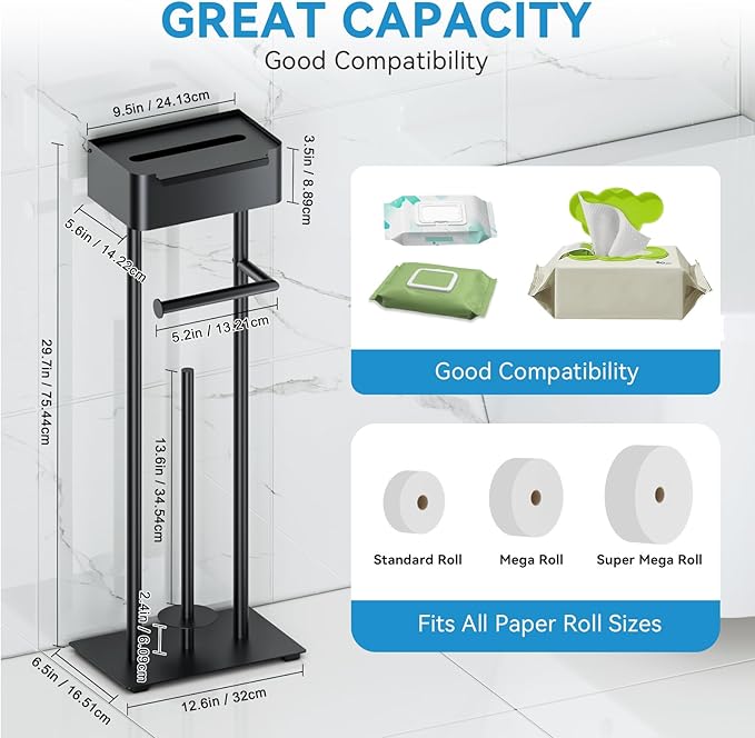 Toilet Paper Holder Free Standing - Toilet Paper Stand with Shelf - Storage for 4 Rolls- Bathroom Organizers, No Drill, for Large Toilet Rolls, 29.7 inch*12.6 inch (Matte Black)