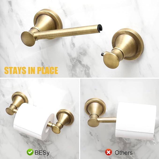 BESy Wall Mounted Toilet Paper Roll Holder Rustproof Tissue Paper Holder Bathroom Flexible Pivoting Handle Toilet Tissue Roll Holder, Antique Brass, Stainless Steel