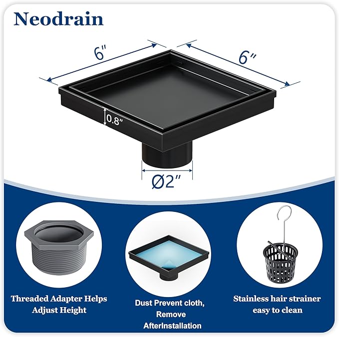 Neodrain 6-Inch Square Shower Drain with Removable Tile Insert Grate, 304 Stainless Steel, Includes PVC Shower Drain Base Hair Strainer, Matte Black