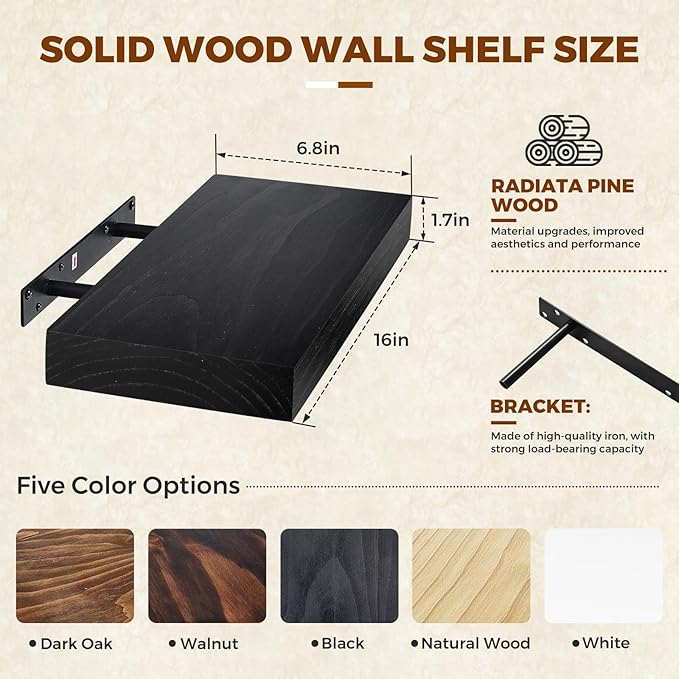 Floating Wall Shelf 16x6.8x1.7 Inch – Solid Wood Shelf in Black Finish – Wall Mounted Rustic Display Organizer for Bathroom, Kitchen, Bedroom, Small Spaces – Set of 2