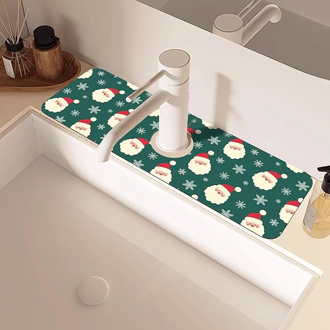 Christmas Kitchen Sink Splash Guard Mat Santa Claus and Snowflakes Sink Splash Guard Faucet Mat Draining Mat Fast Drying Sink Protectors for Kitchen and Bathroom 5.5"×15"