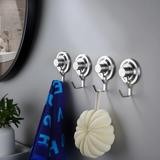 YIGII Suction Hanging Towel Hooks - Bathroom Hooks Without Drilling, Strong Towel Holder – Waterproof & Rustproof, Silver (4-Pack)