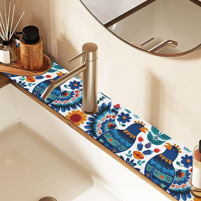 Mexico Eagles Flowers Blue Kitchen Sink Splash Guard Sink Faucet Mat Faucet Handle Drip Catcher Drain Mats for Kitchen Bathroom Countertop Absorbent Dish Drying Pad 2Pack 14.7x5.4IN