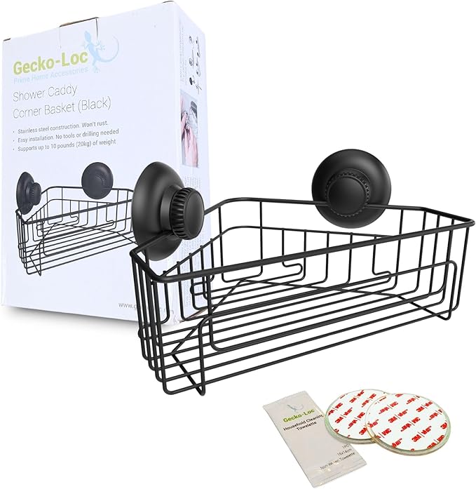 Gecko-Loc Corner Bathroom Shower Caddy shelf organizer suction cup wall storage basket - bath kitchen shampoo accessories shelves organizers caddies - Black