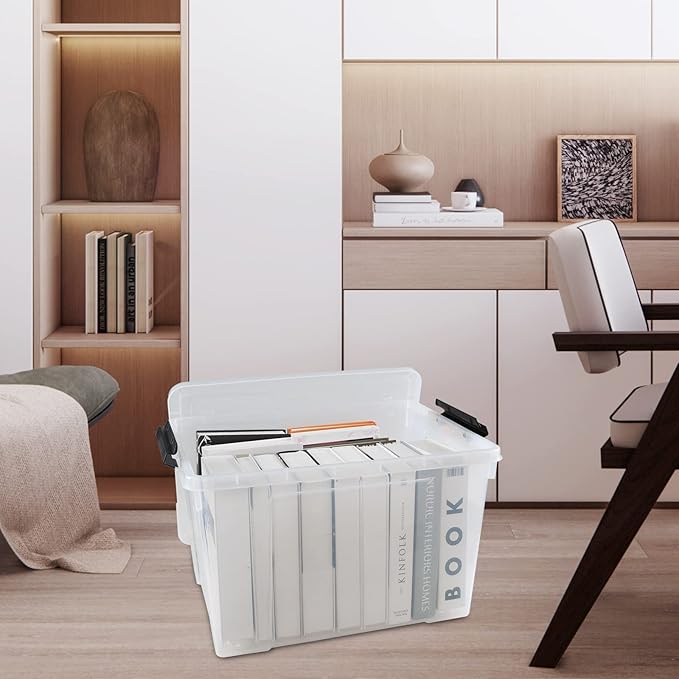 Drephia 4 Pack Clear Latch Storage Bin with Lid and Wheels, 50 L Large Plastic Storage Container Box