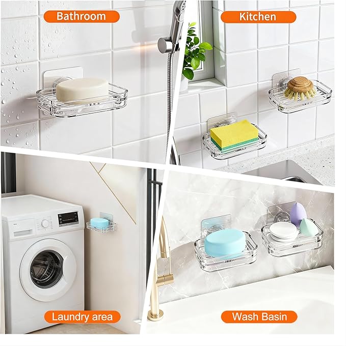 Soap Dish for Shower Clear Acrylic Bar Soap Holder with Self-Draining Design - No Drilling Required Strong Adhesive Mount for RV Bathroom and Kitchen Easy to Clean and Space-Saving (Adhesive)
