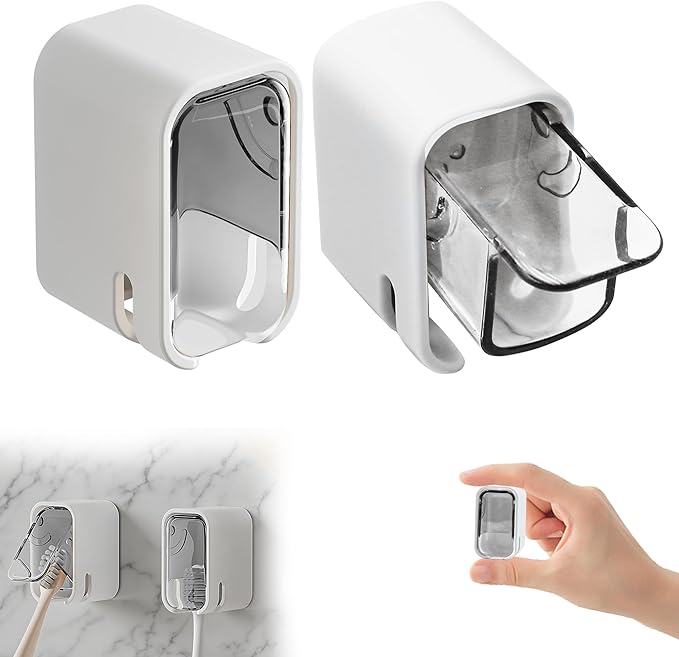 2 Pcs Toothbrush Holders for Bathroom【Upgrade Single Slot Design】 Toothbrush Holder Wall Mounted with Cover, Self-Adhesive Tooth Brush Storage Organizer for Family and Travel (2, Grey)