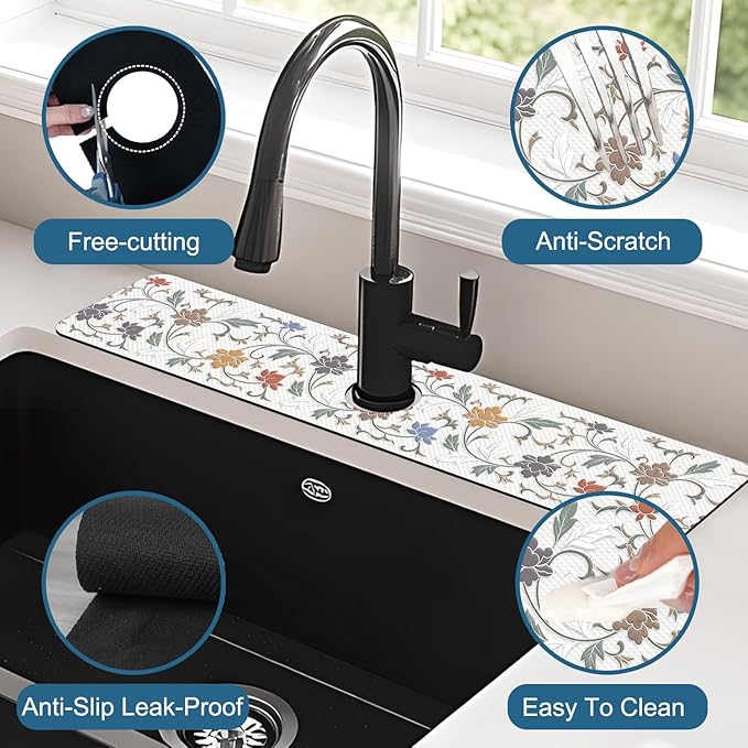 Art Ceramic Texture Sink Faucet Absorbing Mat Ceramic Flowers Super Absorbent Fast Drying Mat Sink Gadgets Behind Faucet Sinkmat for Kitchen Bathroom, 23.5"x5.5"