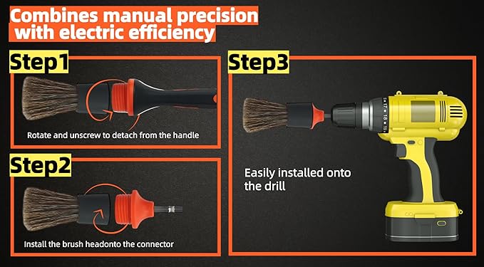 9Pcs Car Drill Brush Set, 5Pcs Attachment Heads for Cleaning Air Vent Automotive Interior or Exterior, Used on Electric Drill, Electric Driverrs. Additional Free: A Towel & A TPR Rubber-Coated Handle