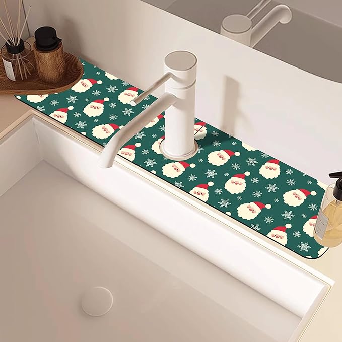 Christmas Kitchen Sink Splash Guard Mat Santa Claus and Snowflakes Sink Splash Guard Faucet Mat Draining Mat Fast Drying Sink Protectors for Kitchen and Bathroom 5.5"×24"