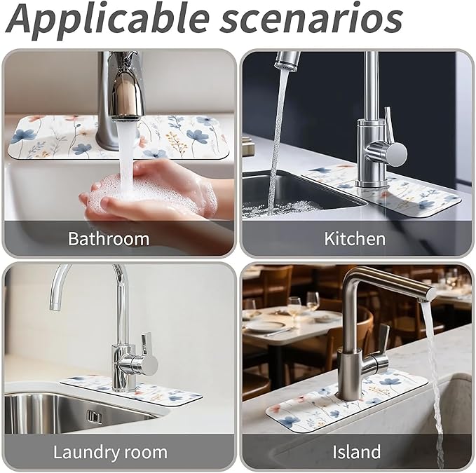 Kitchen Sink Splash Guard，Dreamy Wildflower Faucet Mat Sink Gadgets-Super Absorbent Fast Drying Mat Drip Catcher for Kitchen, Bathroom,Sink Mat, Dish Drying Mat, Bathroom(15" X 5.5" )