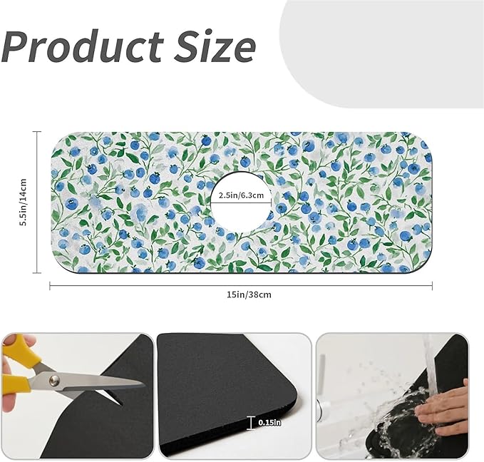 Kitchen Sink Splash Guard，Watercolor blueberries Faucet Mat Sink Gadgets-Super Absorbent Fast Drying Mat Drip Catcher for Kitchen, Bathroom,Sink Mat, Dish Drying Mat, Bathroom(15" X 5.5" )
