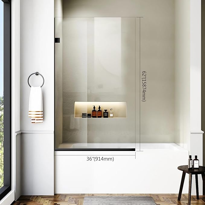 Bathroom Shower Glass Door 36 * 62" - 5/16"(8mm) Thick Clear Tempered Glass Panel, Fixed Hinged Framless Shower Glass Door with Bottom Seal, Matte Black
