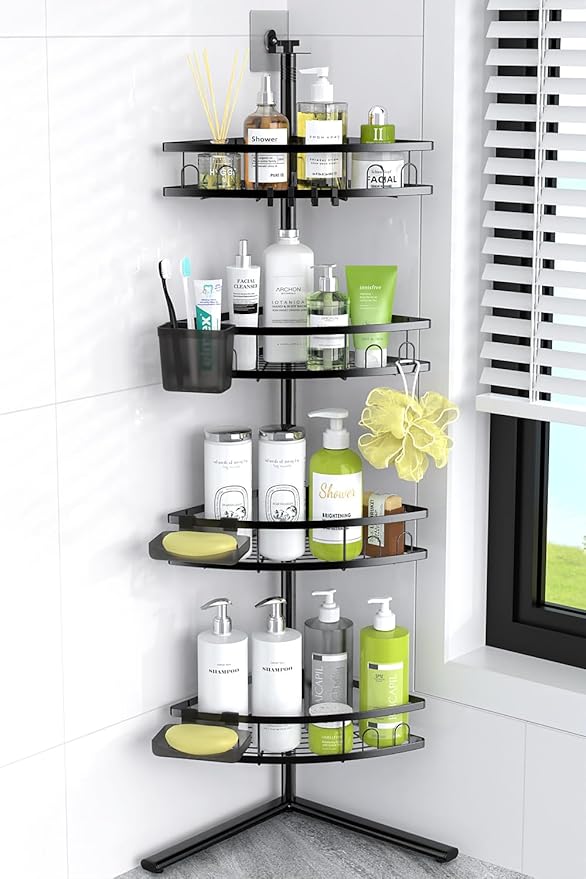 Floor Standing Corner Shower Caddy: 4-tier Rustproof Freestanding Shower Organizer Shelf for Inside - No Drilling Bathroom Rack Stand Black