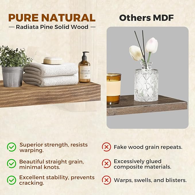 Floating Wall Shelves 24x6.8x1.7 Inch – Solid Wood Rustic Shelves in Dark Oak Finish – Wall Mounted Display Shelf for Bathroom, Kitchen, Bedroom – Set of 2