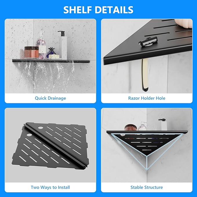 10" Corner Shower Shelf, 304 Stainless Steel Shower Caddy with Razor Hole, Shower Shelf for Inside Shower, Modern Sturdy Shelves for Tile Walls, Bathroom Shelves (Black)