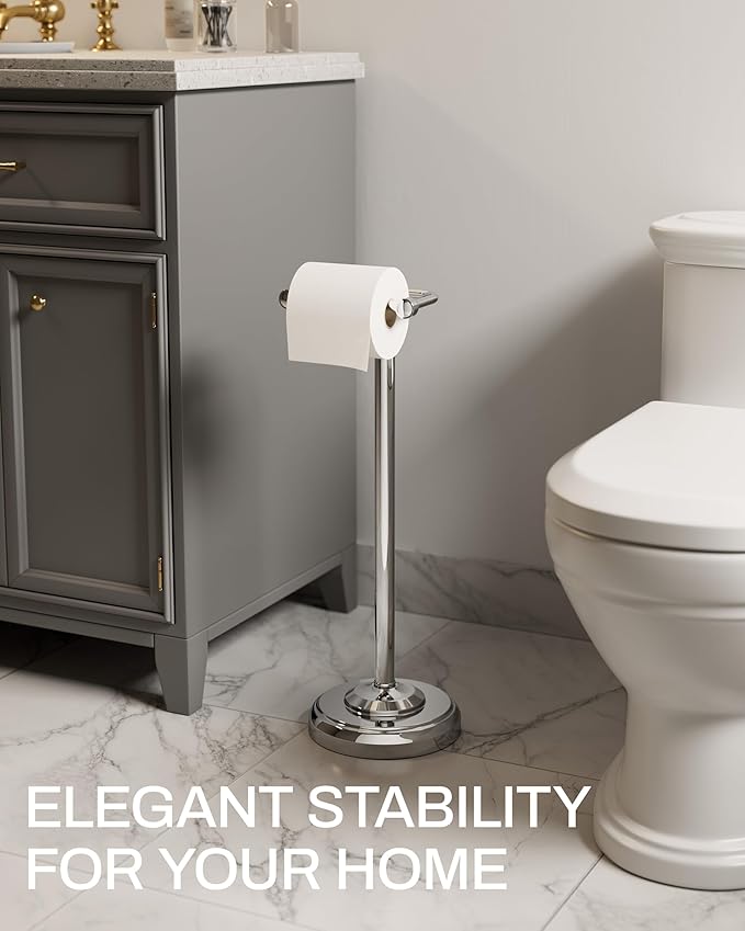 Freestanding Toilet Paper Holder Stand - Rustproof 304 Stainless Steel with Heavy Duty Weighted Base (4.8lbs), 22" Height Pivot Arm Tissue Roll Dispenser, Fits Mega Rolls - Chrome Finish