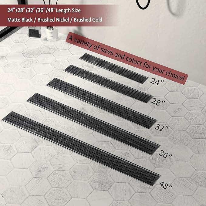12 Inch Linear Shower Drain, Matte Black Shower Drain,Removable Grate, 304 Stainless Steel, Easy to Install and Clean for Bathrooms (Drain Base Not Included), LSD-04A-12B