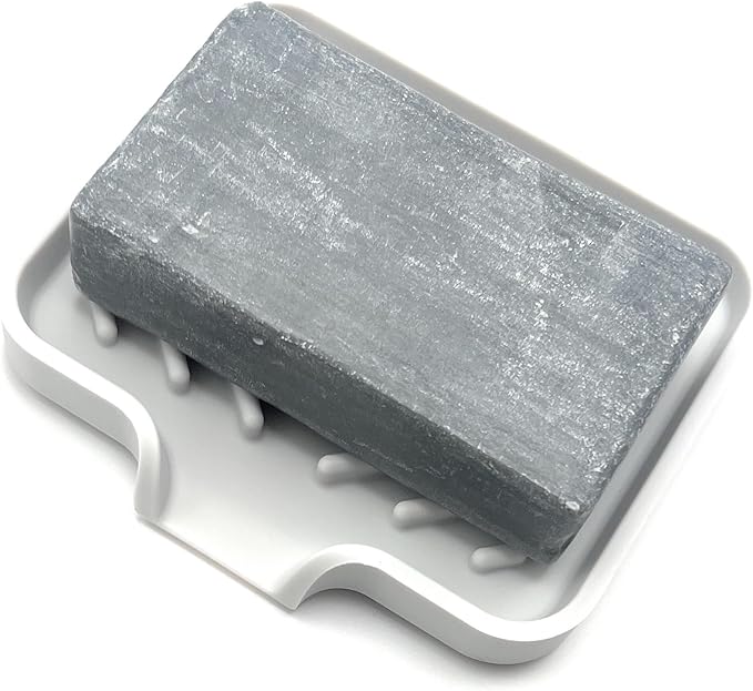 Happitasa Silicone Soap Dish Tray and Sponge Holder with Drain Chute and Feet | 3-Way Sloped Design | Bathroom and Kitchen Sink Organizer Caddy (Light Grey, 5"x4")